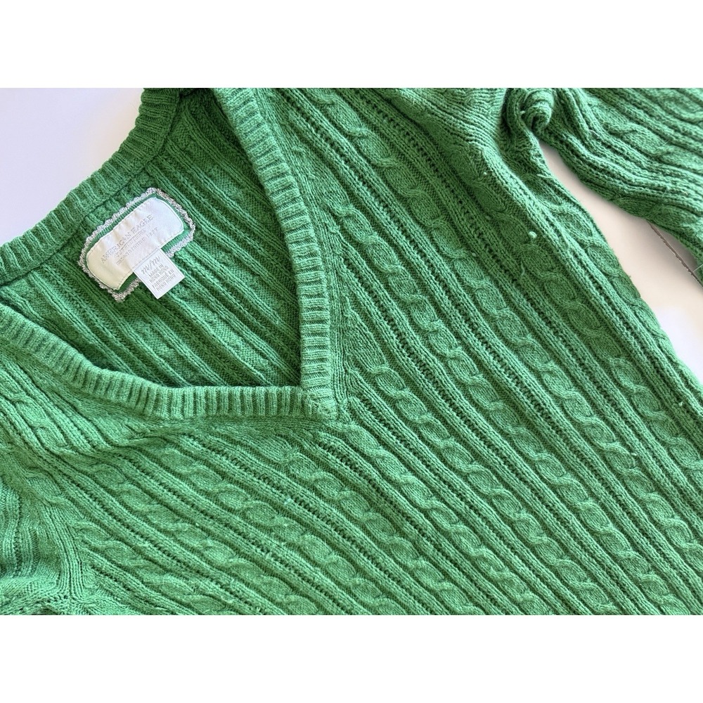 VTG American Eagle Sweater Women Medium Green  V‎ Neck Cable Knit Pullover Y2K